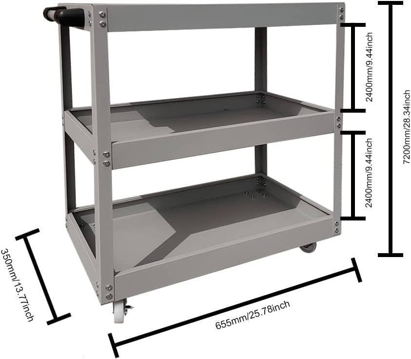 3 Tier Heavy Duty Metal Tool Cart with Wheels, Durable Tool Storage, Load Capacity Rolling Utility cart for Garage Storage, Office Spaces, & Kitchen Use
