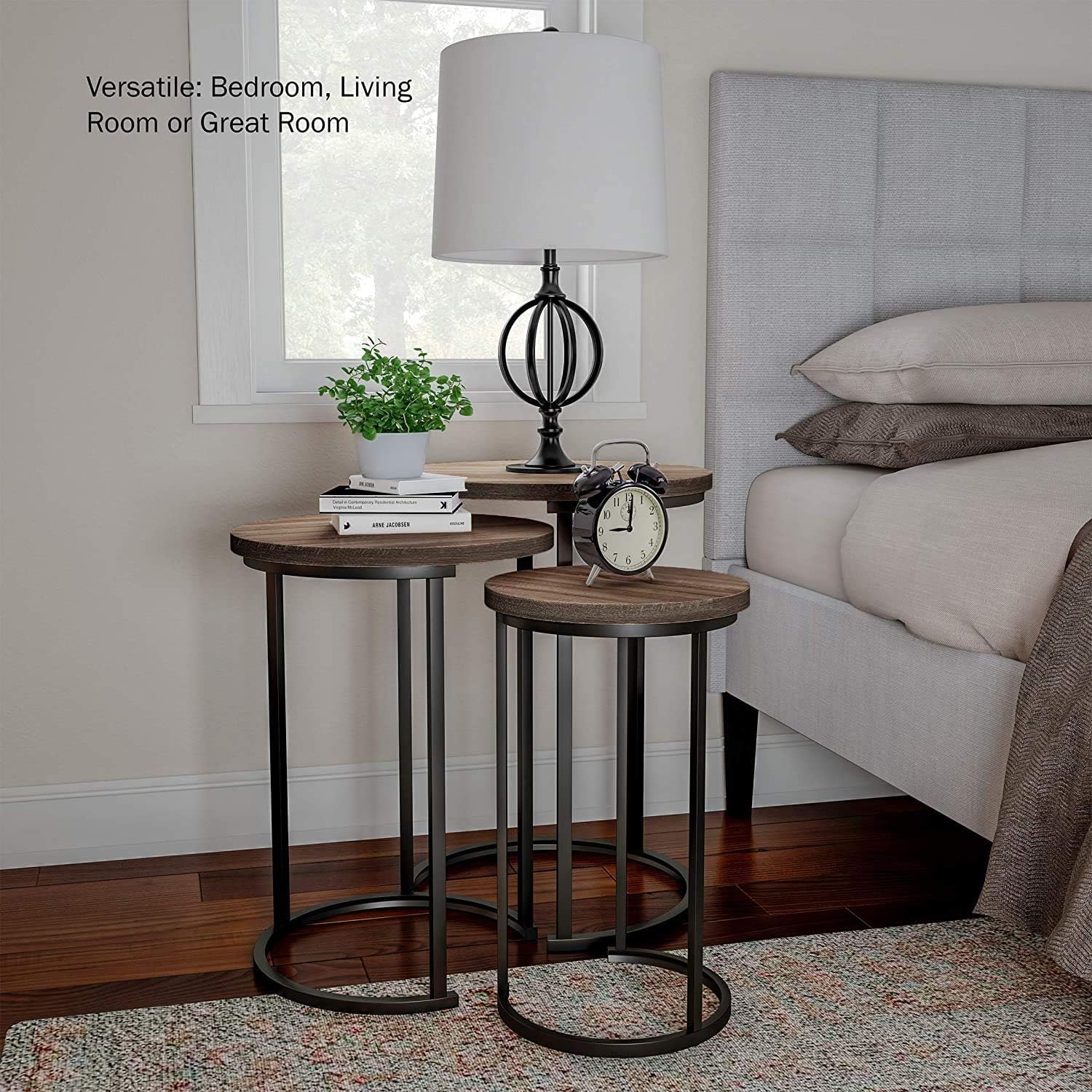 HYGRAD BUILT TO SURVIVE Set of 3 Round Wooden/Steel Nesting Side Stacking Sofa Side Coffee Tables, Small Space Coffee Tea Table for Hallway Living Room Bedroom, Home, Office
