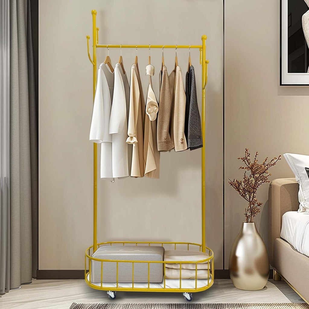 HYGRAD BUILT TO SURVIVE Space Saving Gold Metal Closet Organizer Shelves With Wheels - 67.32”H X 12.80”D X 31.50”W Clothing Rack For Coat, Clothes Hangers With Storage Shelf