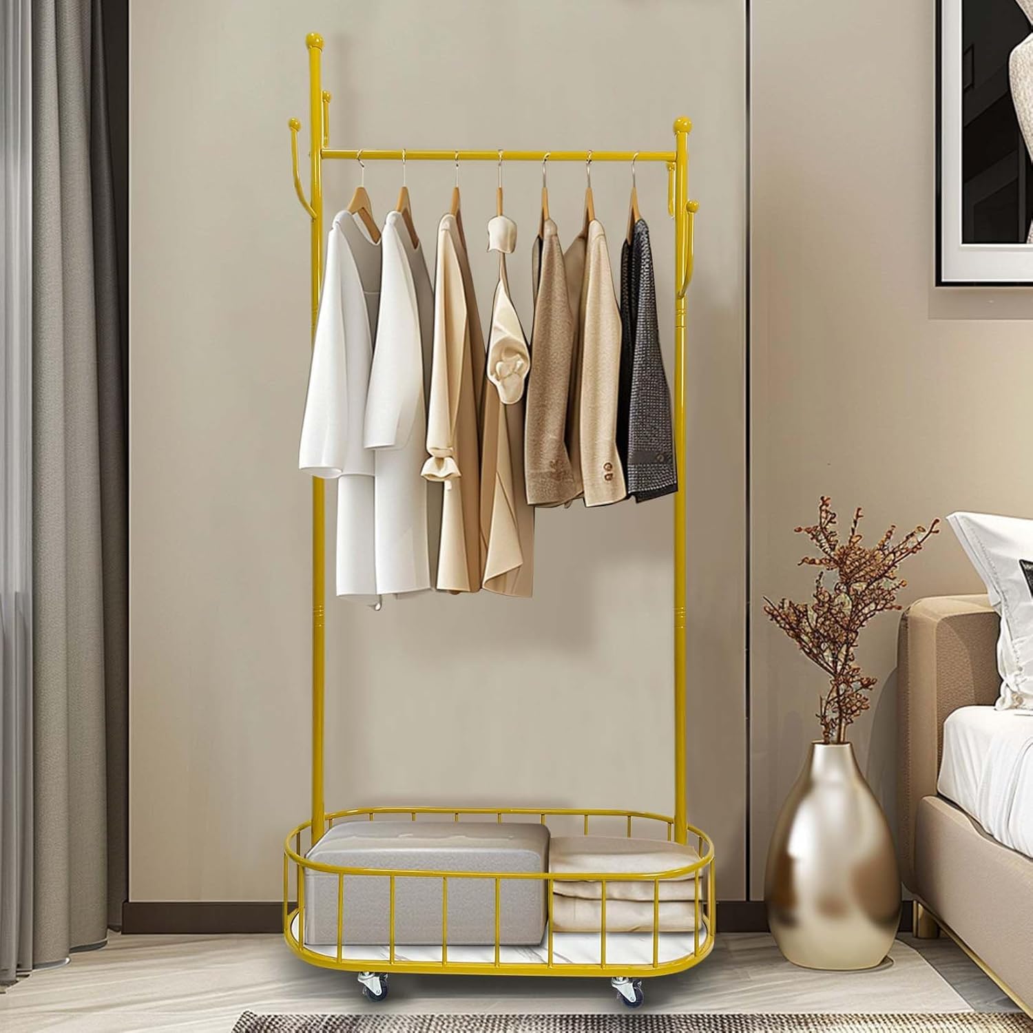 HYGRAD BUILT TO SURVIVE Space Saving Gold Metal Closet Organizer Shelves With Wheels - 67.32”H X 12.80”D X 31.50”W Clothing Rack For Coat, Clothes Hangers With Storage Shelf
