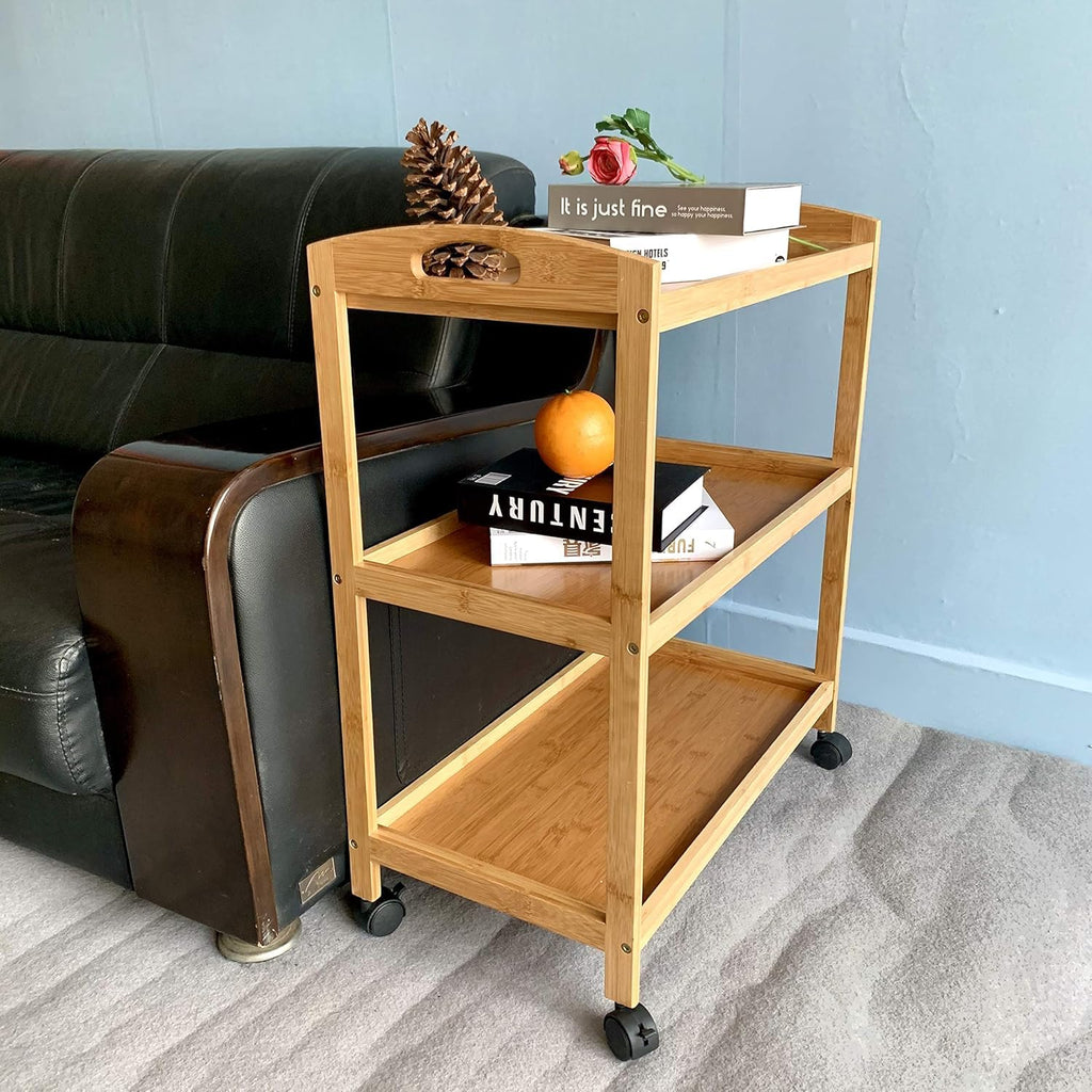 HYGRAD BUILT TO SURVIVE 3 Tier Bamboo Kitchen Storage Rolling Shelf with Wheels, Serving Kitchen Island Bar, Organizer Cart for Home, Dining Room, Laundry Room with Lockable Castors