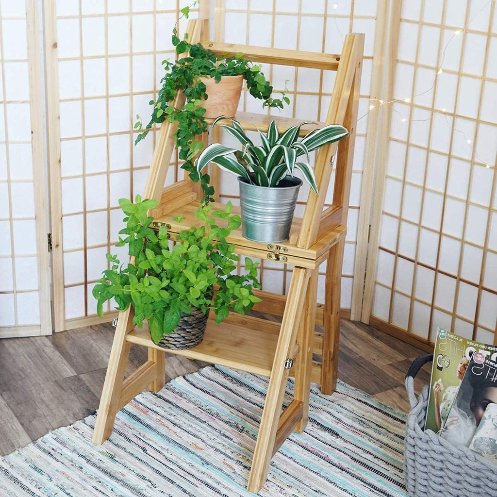 Innovative Creative Multi-Functional Bamboo Folding 3 Step Chair Stool, Reversible Portable Wooden Step Ladder Storage Shelf Use for Kitchen, Library, Garage, Office