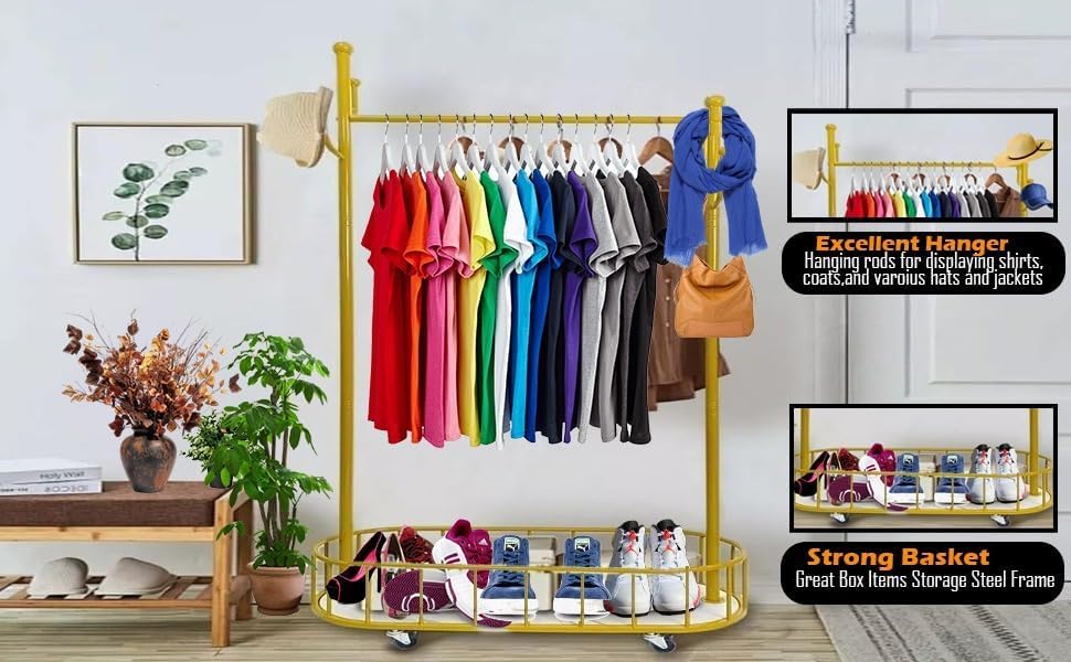 HYGRAD BUILT TO SURVIVE Space Saving Gold Metal Closet Organizer Shelves With Wheels - 67.32”H X 12.80”D X 31.50”W Clothing Rack For Coat, Clothes Hangers With Storage Shelf