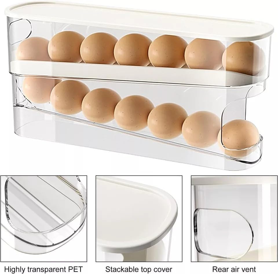 Automatic Rolling 2 Tier Eggs Holder 11.92”D X 3.34” W X 5.59” H Stackable Fridge Organisers, Clear Plastic Egg Dispenser With Lid Egg Storage For Refrigerator, & Kitchen Countertop