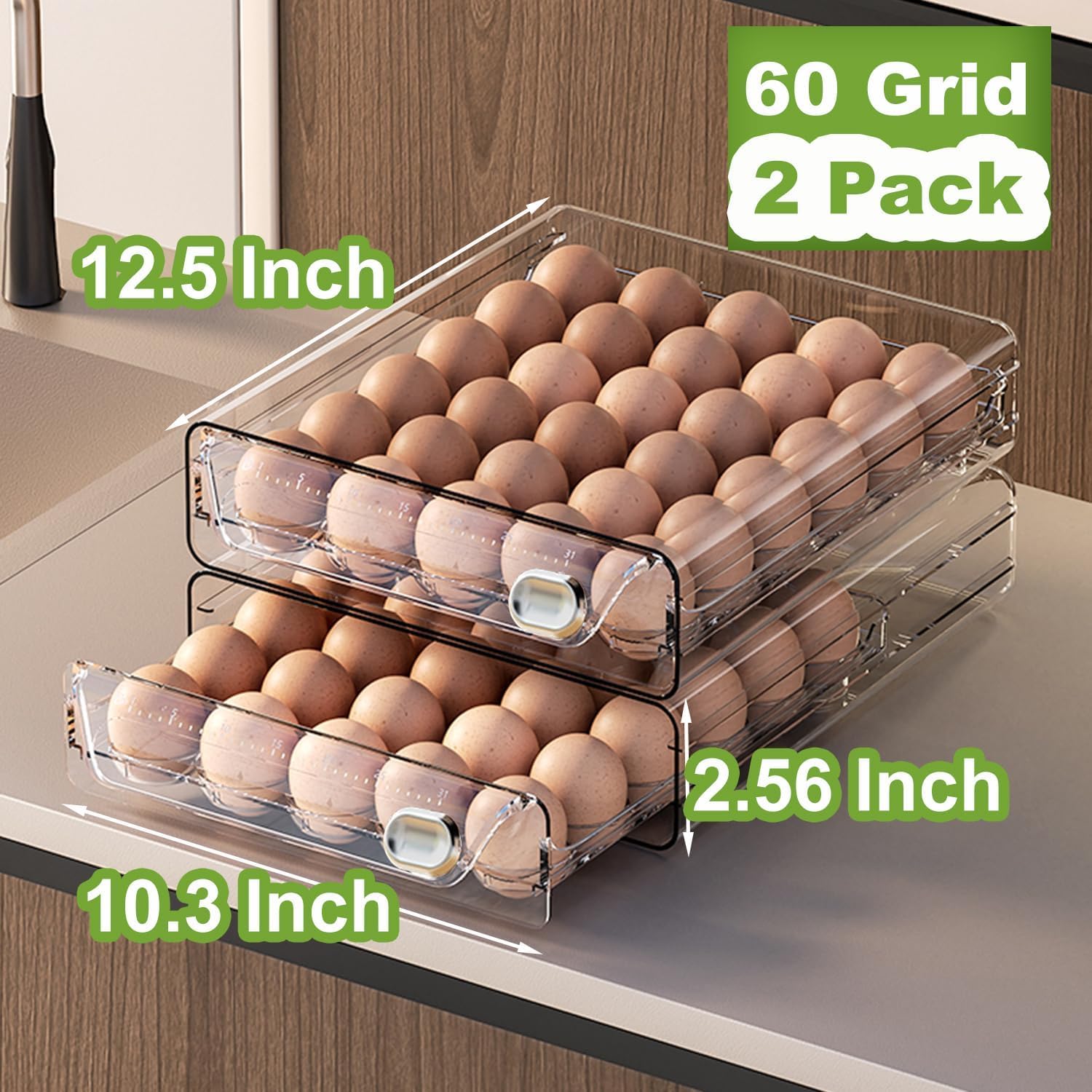 60 Eggs Double Layer Drawer Organizer For Fridge, Large Capacity Stackable Egg Holder PET And PP Material Multi-Function Storage For Countertop