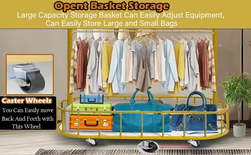 HYGRAD BUILT TO SURVIVE Space Saving Gold Metal Closet Organizer Shelves With Wheels - 67.32”H X 12.80”D X 31.50”W Clothing Rack For Coat, Clothes Hangers With Storage Shelf