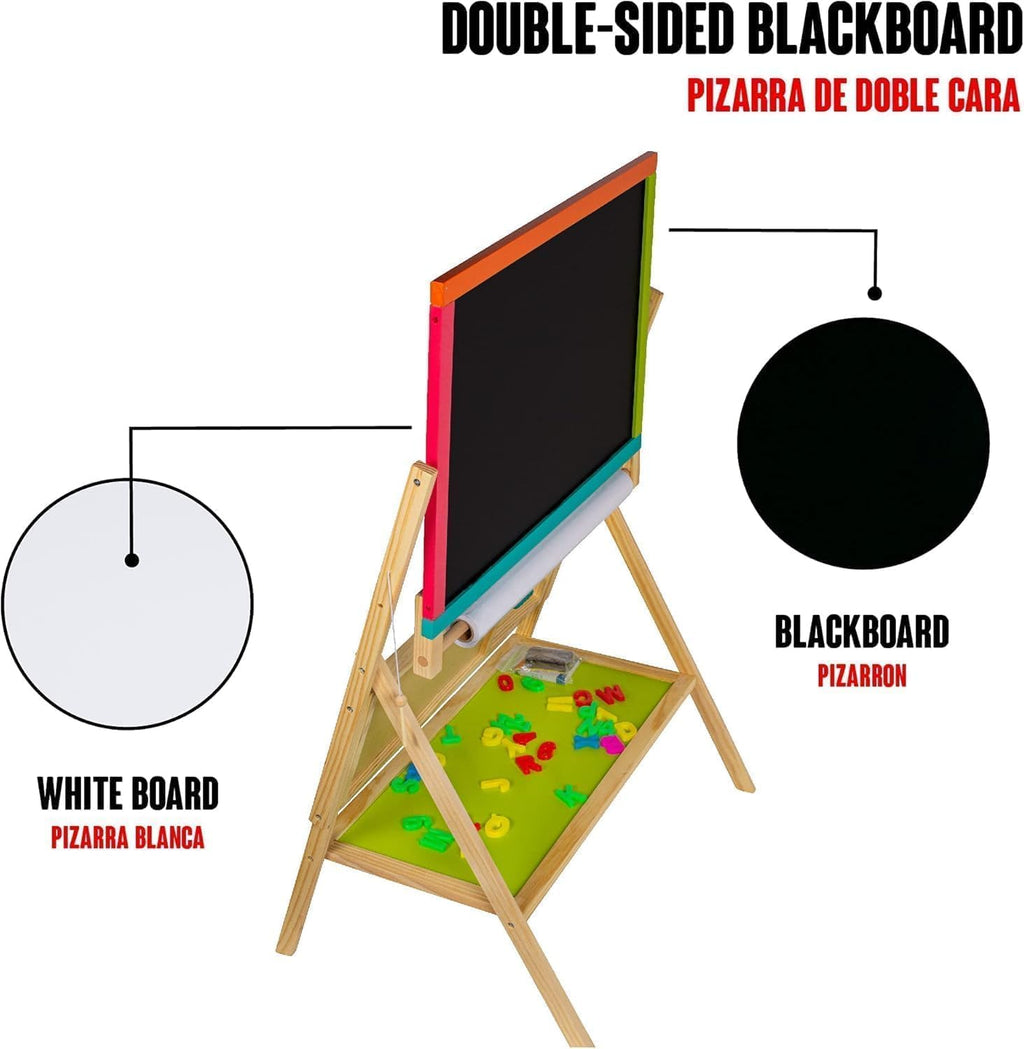 Kids Art Easel with Paper Roll, Magnetic Wooden Board Easel for Toddlers, Foldable Clock, Alphabet Painting Easel for 2-12 Years Children, 2 in 1 Double Side Drawing Outdoor Easel