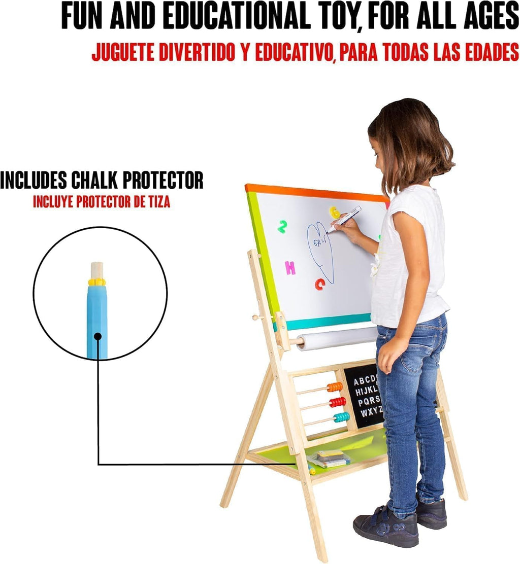 Kids Art Easel with Paper Roll, Magnetic Wooden Board Easel for Toddlers, Foldable Clock, Alphabet Painting Easel for 2-12 Years Children, 2 in 1 Double Side Drawing Outdoor Easel
