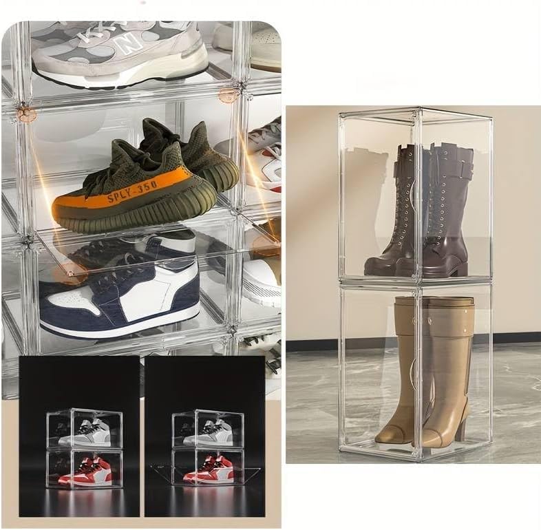 Acrylic Shoe Storage Boxes – Clear Plastic Stackable Shoe Organizer For Closet, Space Saving Shoe bins With Magnetic Doors 2 Lids Open For Sneakers, Trainers, Pumps, Heels, Flats