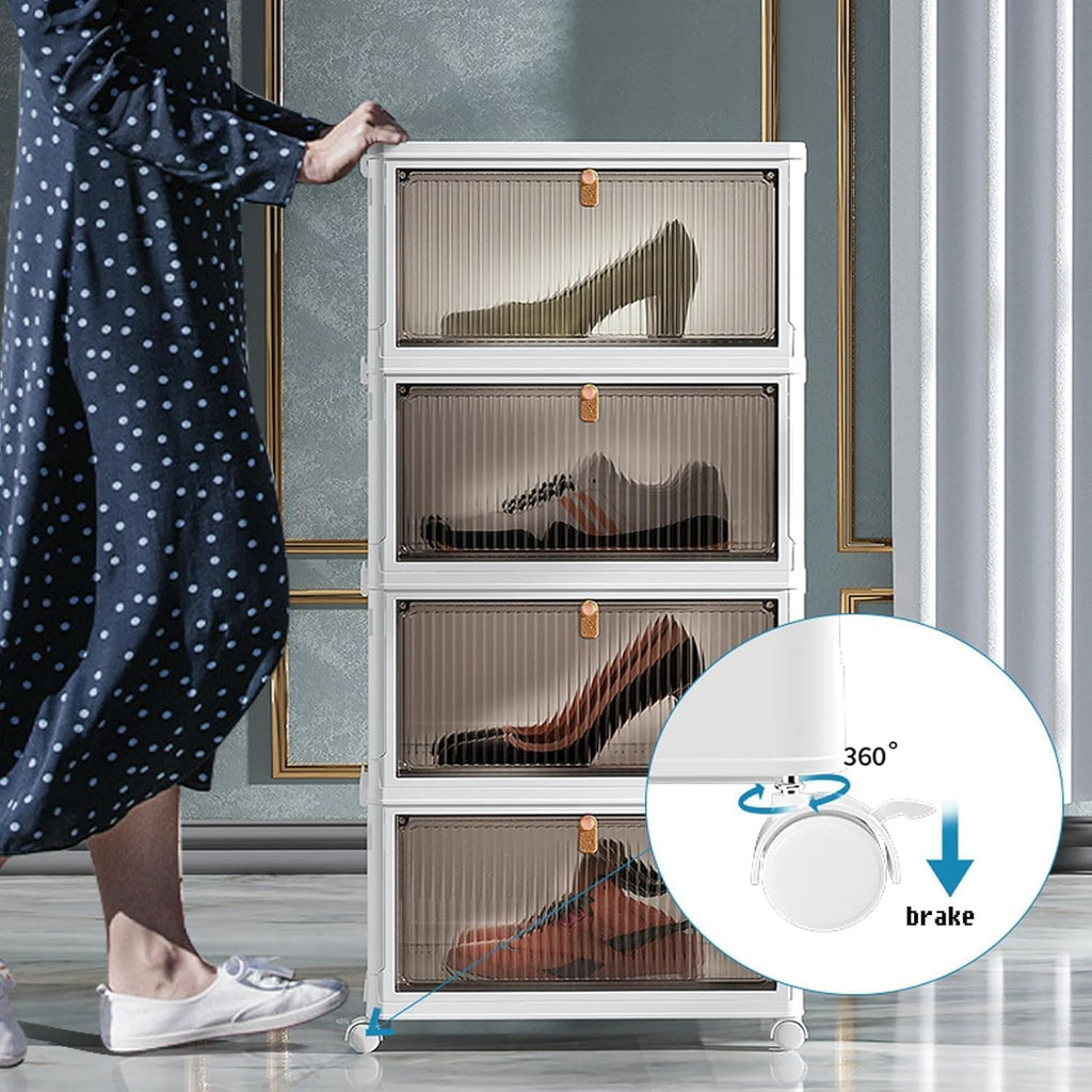 HYGRAD BUILT TO SURVIVE Foldable White Plastic Shoe Rack 2/3/4/5/6 Tier Stackable Storage Cabinet Box - Rolling Closet Storage Organizer Containers With Lids & Lockable Wheels For Home