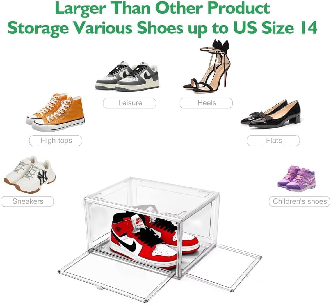 Acrylic Shoe Storage Boxes – Clear Plastic Stackable Shoe Organizer For Closet, Space Saving Shoe bins With Magnetic Doors 2 Lids Open For Sneakers, Trainers, Pumps, Heels, Flats