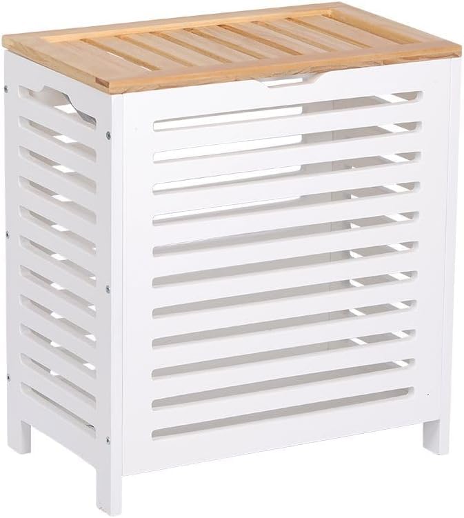 Large Wooden Laundry Clothes Storage Bins, Bamboo Hamper Laundry Sorter Basket Home Organizer With Lid For Bathroom, Bedroom - White