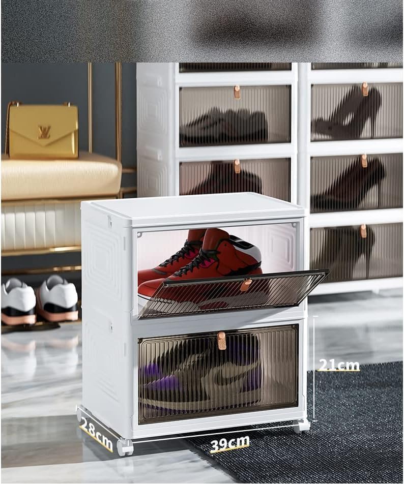 HYGRAD BUILT TO SURVIVE Foldable White Plastic Shoe Rack 2/3/4/5/6 Tier Stackable Storage Cabinet Box - Rolling Closet Storage Organizer Containers With Lids & Lockable Wheels For Home
