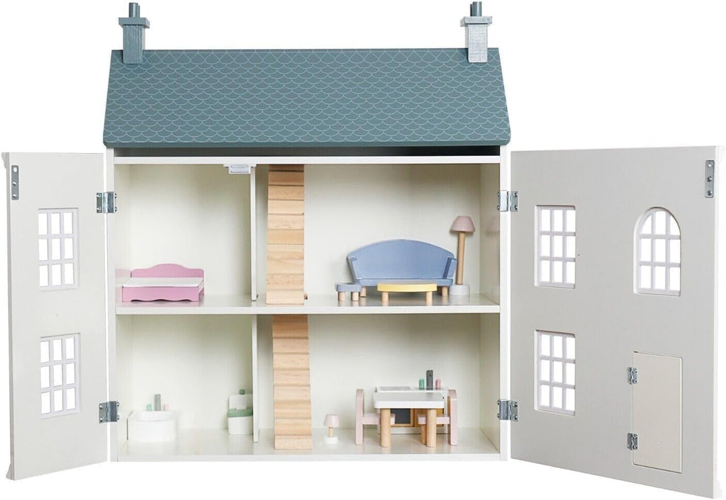 3-Story Wooden Dollhouse White - furnished rooms
