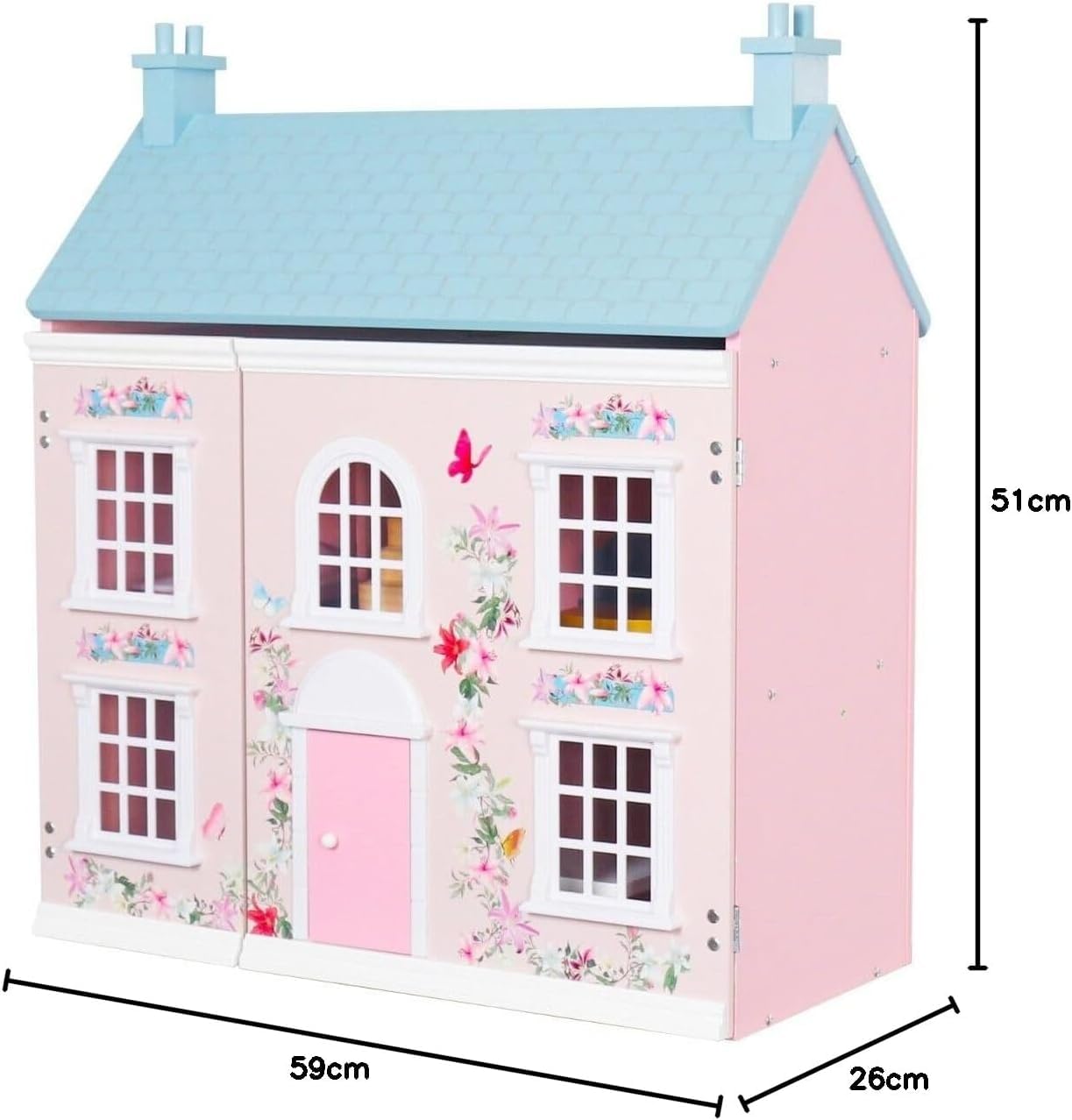 3-Story Wooden Dollhouse Pink - furnished rooms