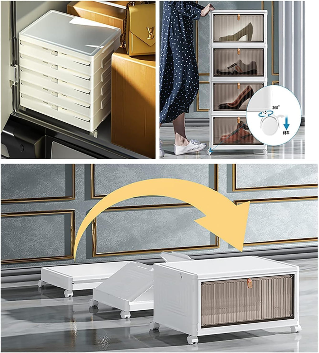 HYGRAD BUILT TO SURVIVE Foldable White Plastic Shoe Rack 2/3/4/5/6 Tier Stackable Storage Cabinet Box - Rolling Closet Storage Organizer Containers With Lids & Lockable Wheels For Home