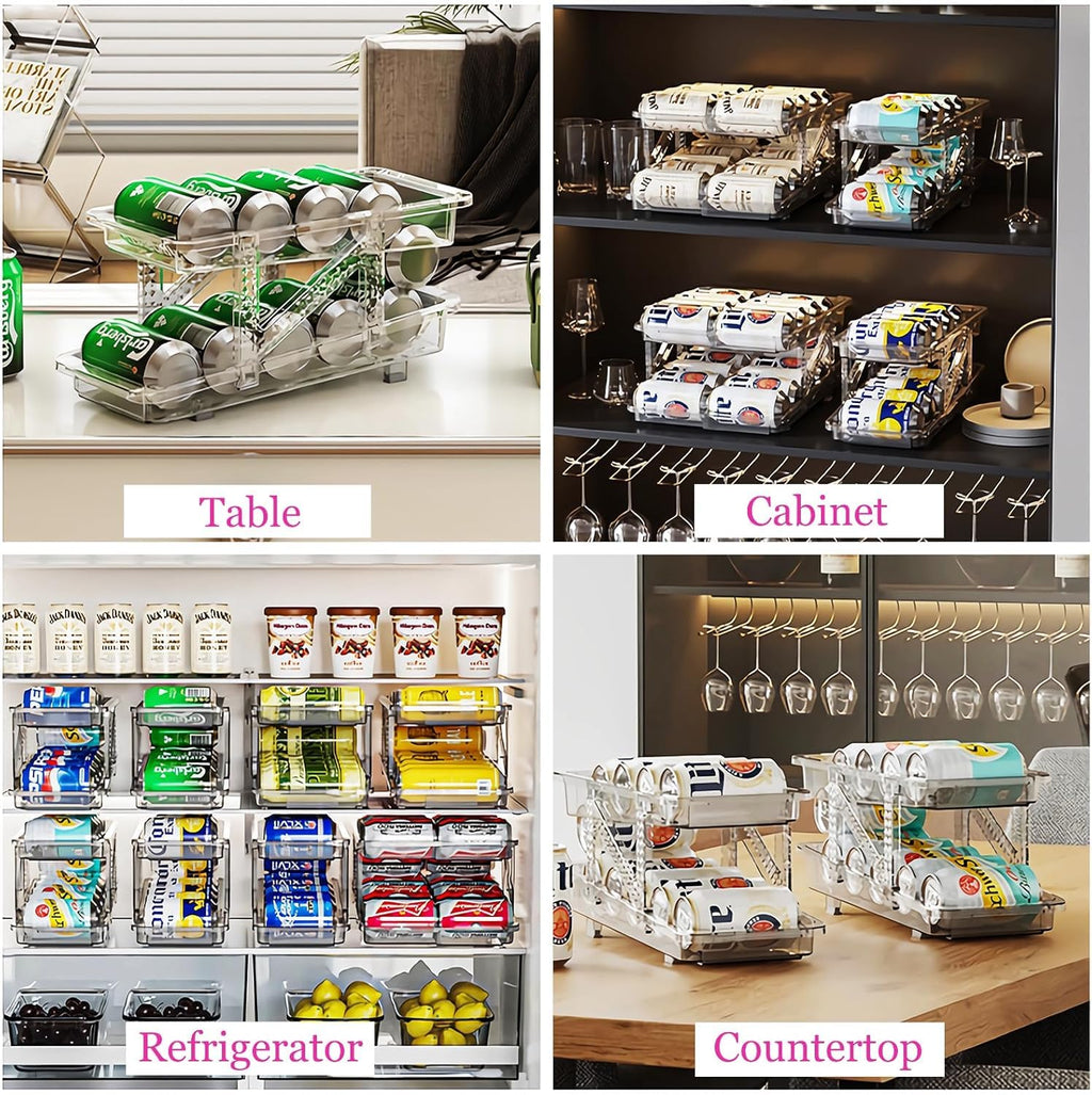 HYGRAD BUILT TO SURVIVE Clear Expandable Soda Can Organizer For Pantry, 13.77” D x 9. 37” W x 6.41” H Stackable Beverage Pop Can Holder Dispenser For Refrigerator, Kitchen Storage Holds 10 Cans