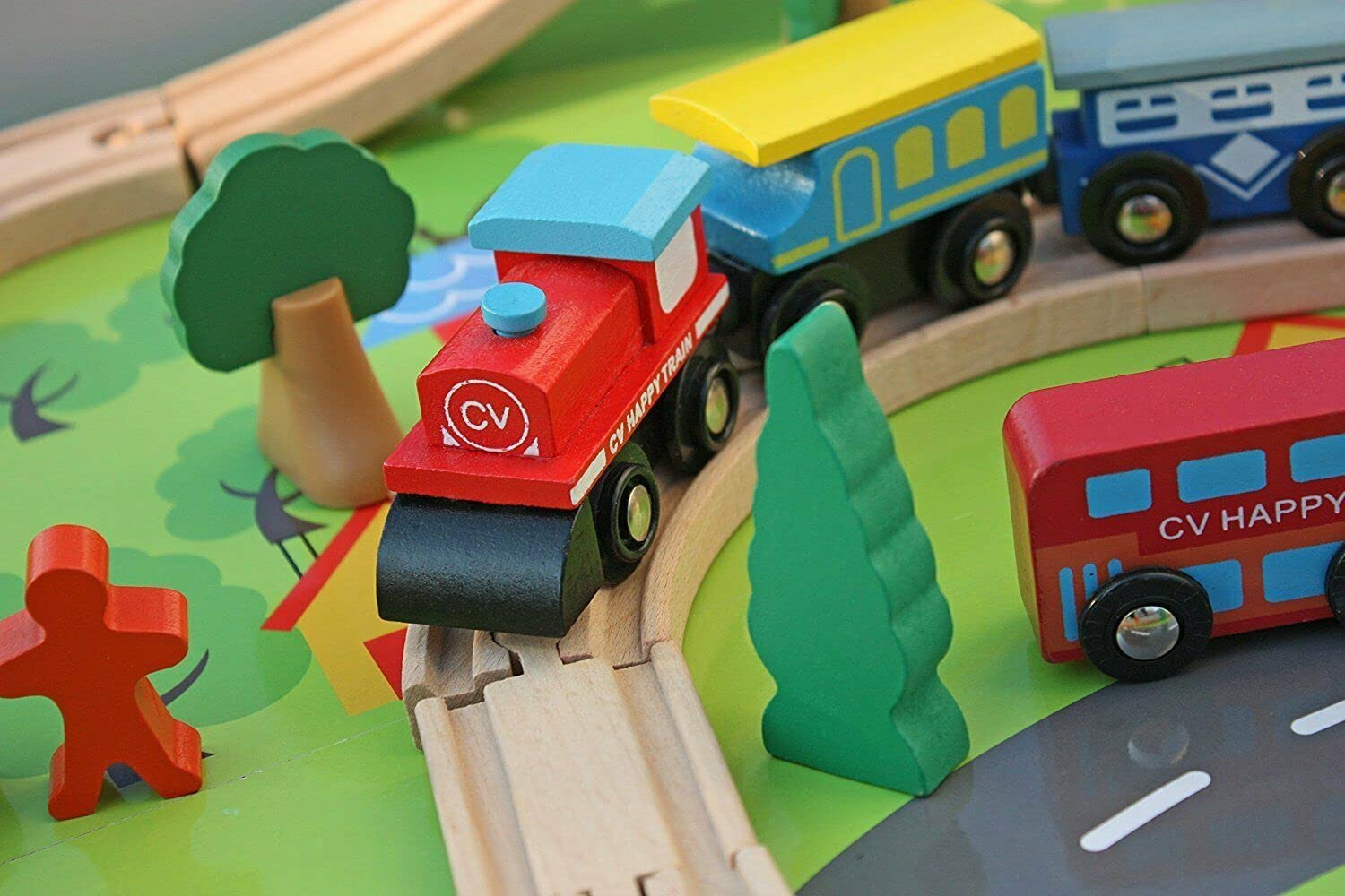 Wooden Train Set - 90 Pieces Wooden Train Tracks & Trains for Kids, Toddler Boys and Girls 3,4,5 Years Old and Up– Premium Wood Tracks, Train, Railway, City, Gift for Toddler Boys Girls Ages 3+