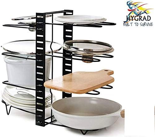 HYGRAD BUILT TO SURVIVE 8 Tier Adjustable Cabinet Organiser Pots & Pans Dishes Stand Storage Inside Cabinet With 3 Diy Methods Pot Lid Holders & Pan Rack For Kitchen