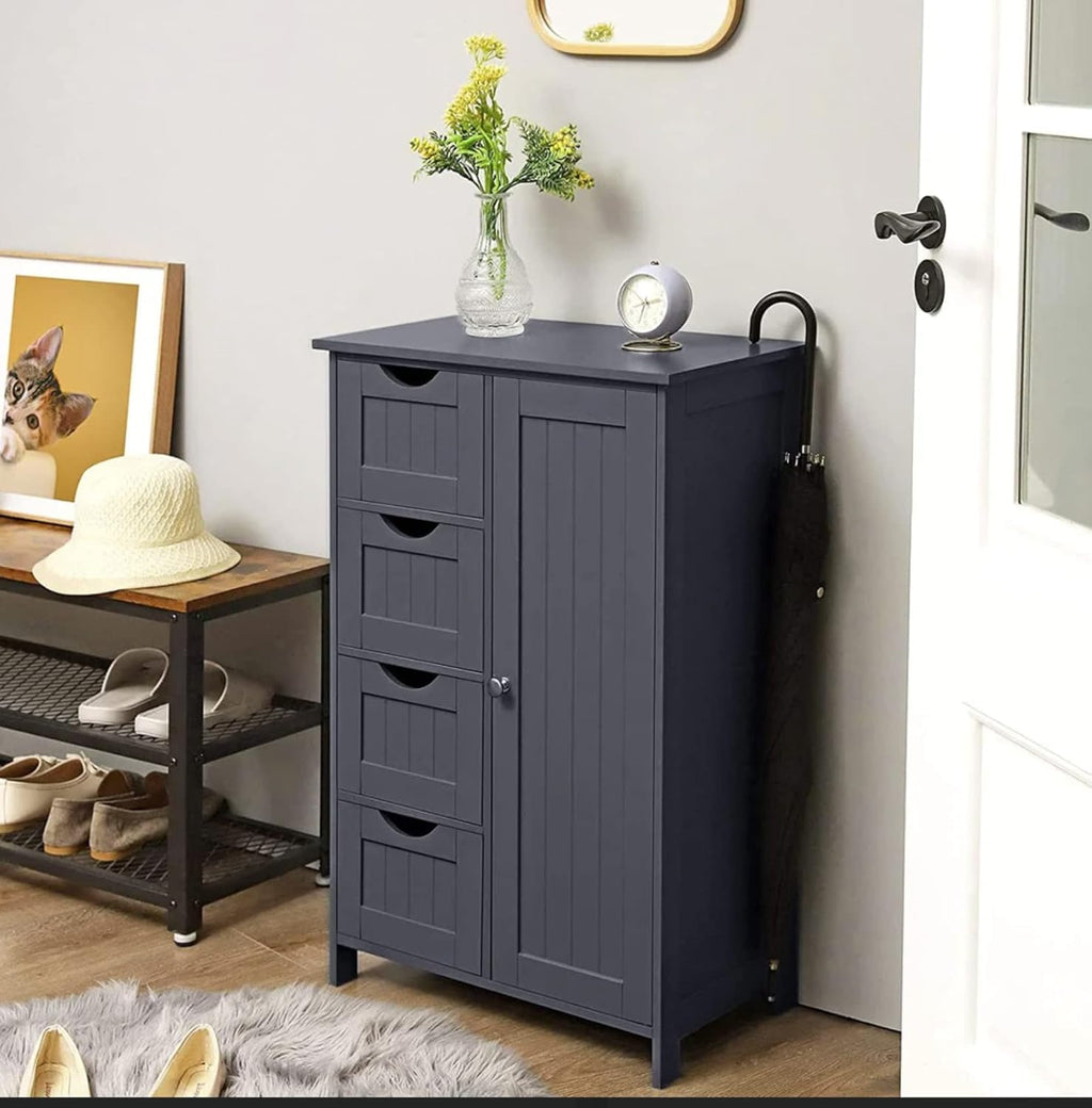 HYGRAD BUILT TO SURVIVE Freestanding Bathroom Floor Cabinet with Adjustable Shelves, Wooden Storage Organizer with 4 Drawers and 1 Door, Adjustable Shelf for Bathroom, Living Room, Kitchen, Entryway