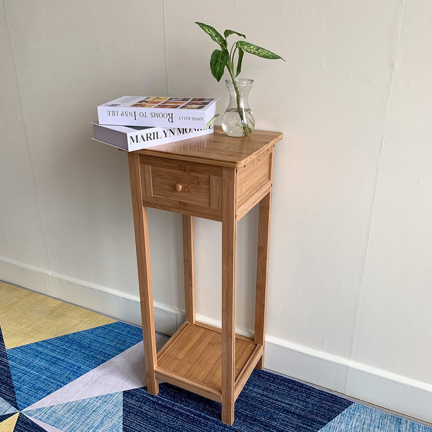HYGRAD BUILT TO SURVIVE Bamboo Tall Nightstand Table with Drawer and Lower Shelf – Slim Storage Shelf Bedside Table for Telephone, Hallway, Living Room, Bedroom Or Narrow Spaces