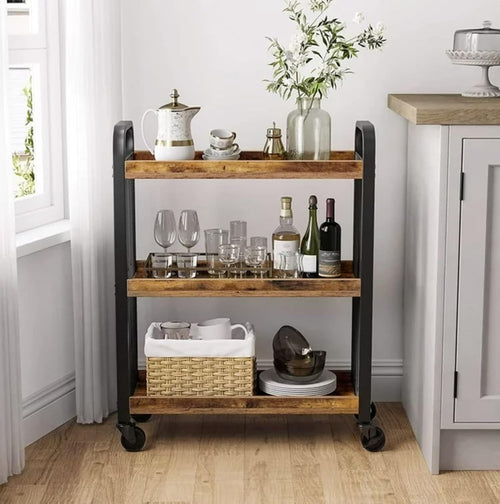 3-Tier Industrial Rolling Utility Cart - rustic brown