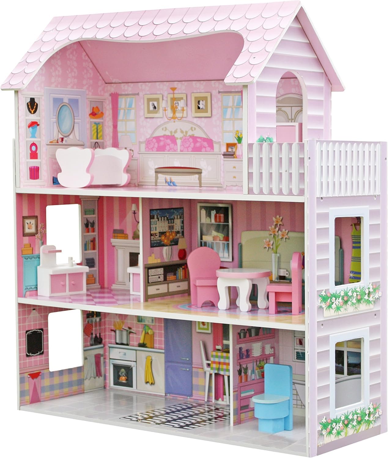 Wooden Dollhouse Play Set - kids cottage doll house with furniture
