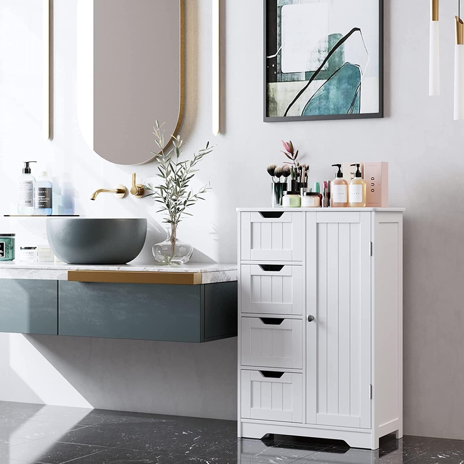 Freestanding Bathroom Floor Cabinet White - 4 drawers and 1 door
