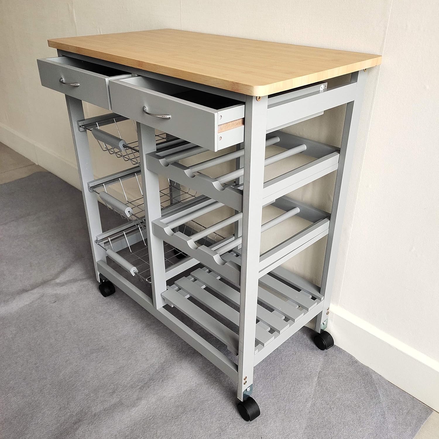 HYGRAD BUILT TO SURVIVE Kitchen Island Dining Cart with Lockable Wheels and Drawers, Mobile Storage Basket Open Shelf Countertop, Serving Utility Trolley for Dining Room, Coffee Bar
