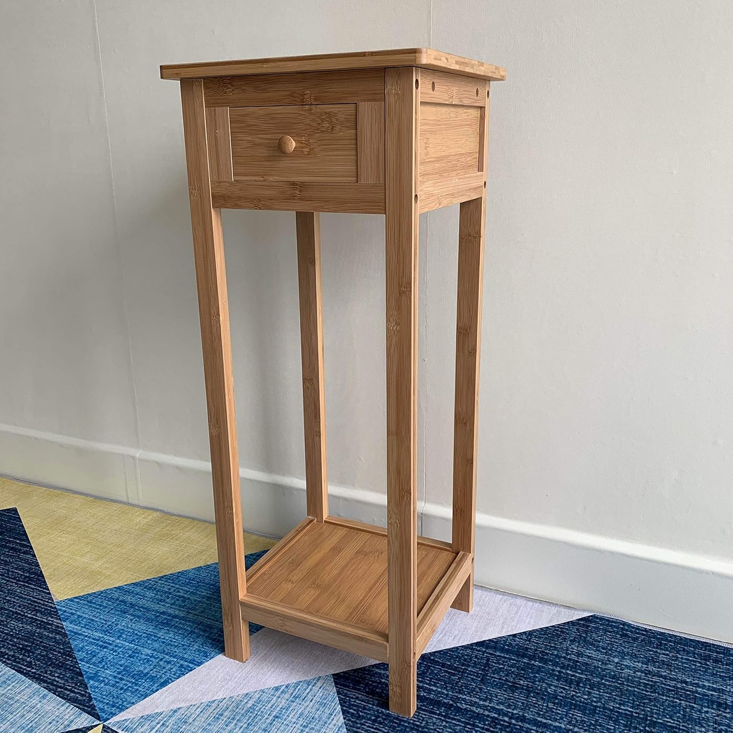 HYGRAD BUILT TO SURVIVE Bamboo Tall Nightstand Table with Drawer and Lower Shelf – Slim Storage Shelf Bedside Table for Telephone, Hallway, Living Room, Bedroom Or Narrow Spaces