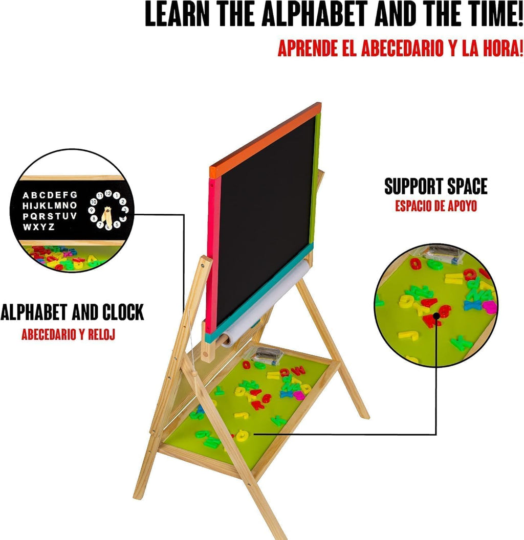 Kids Art Easel with Paper Roll, Magnetic Wooden Board Easel for Toddlers, Foldable Clock, Alphabet Painting Easel for 2-12 Years Children, 2 in 1 Double Side Drawing Outdoor Easel