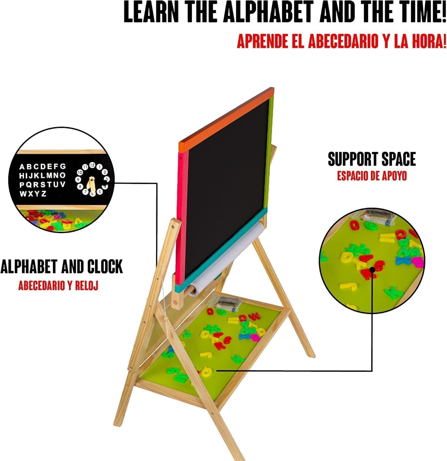 Kids Art Easel with Paper Roll, Magnetic Wooden Board Easel for Toddlers, Foldable Clock, Alphabet Painting Easel for 2-12 Years Children, 2 in 1 Double Side Drawing Outdoor Easel