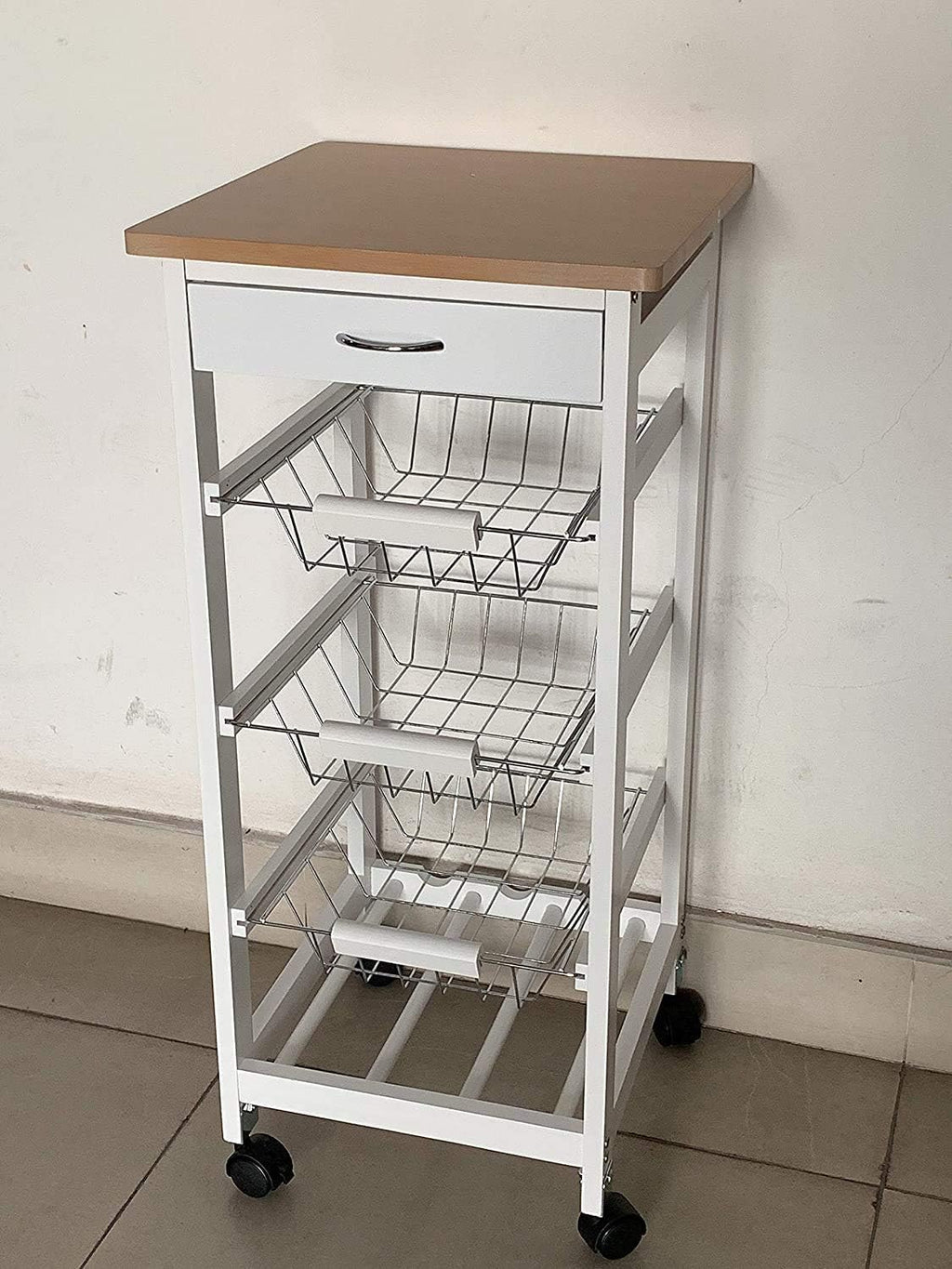 HYGRAD BUILT TO SURVIVE 3 Tier Wooden Rolling Kitchen Island Trolley, Utility Storage Cart with 3 Basket, Drawers - 1 Wine Rack with Wheels Cabinet for Home, Dining Room, Bar
