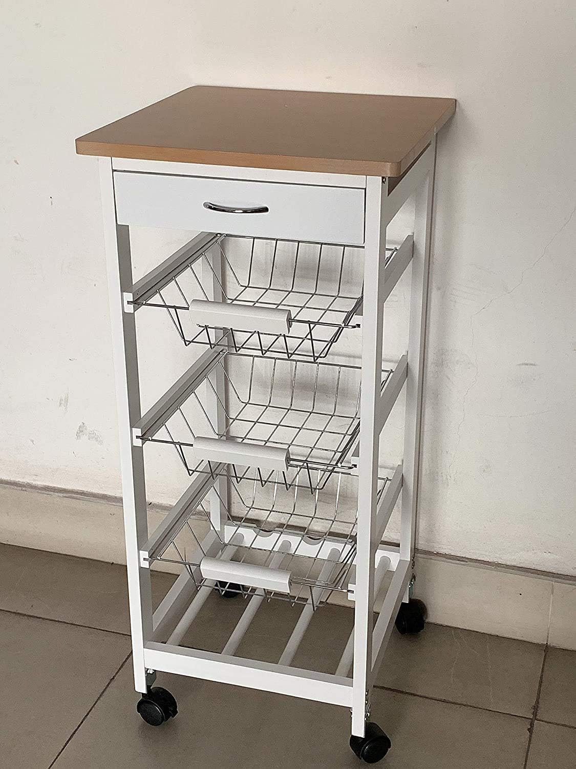 HYGRAD BUILT TO SURVIVE 3 Tier Wooden Rolling Kitchen Island Trolley, Utility Storage Cart with 3 Basket, Drawers - 1 Wine Rack with Wheels Cabinet for Home, Dining Room, Bar