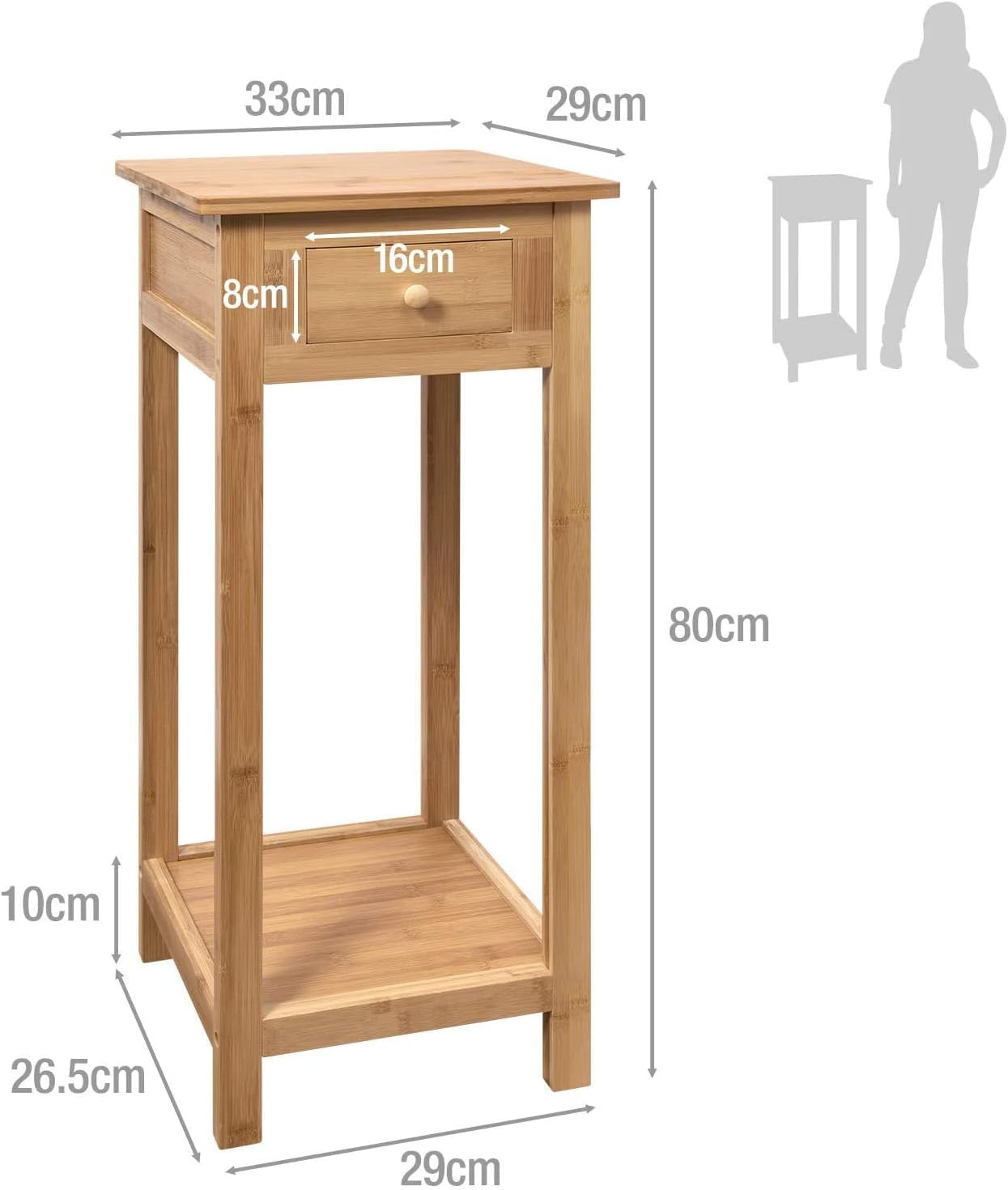 HYGRAD BUILT TO SURVIVE Bamboo Tall Nightstand Table with Drawer and Lower Shelf – Slim Storage Shelf Bedside Table for Telephone, Hallway, Living Room, Bedroom Or Narrow Spaces