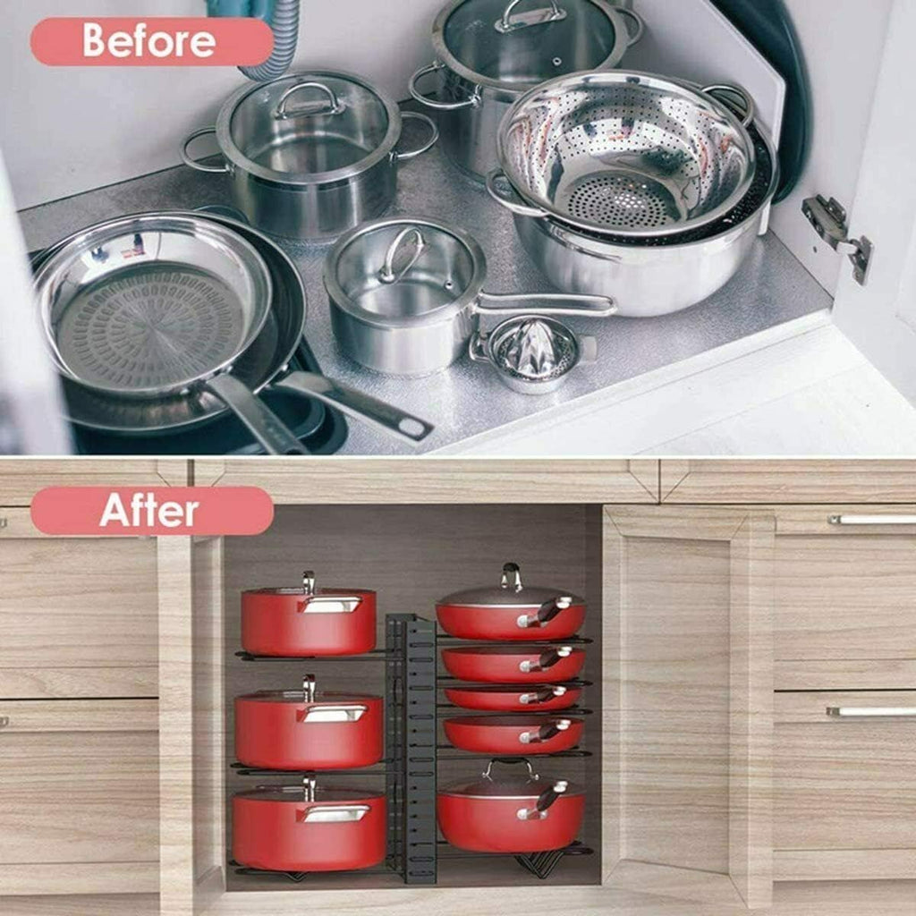 HYGRAD BUILT TO SURVIVE 8 Tier Adjustable Cabinet Organiser Pots & Pans Dishes Stand Storage Inside Cabinet With 3 Diy Methods Pot Lid Holders & Pan Rack For Kitchen
