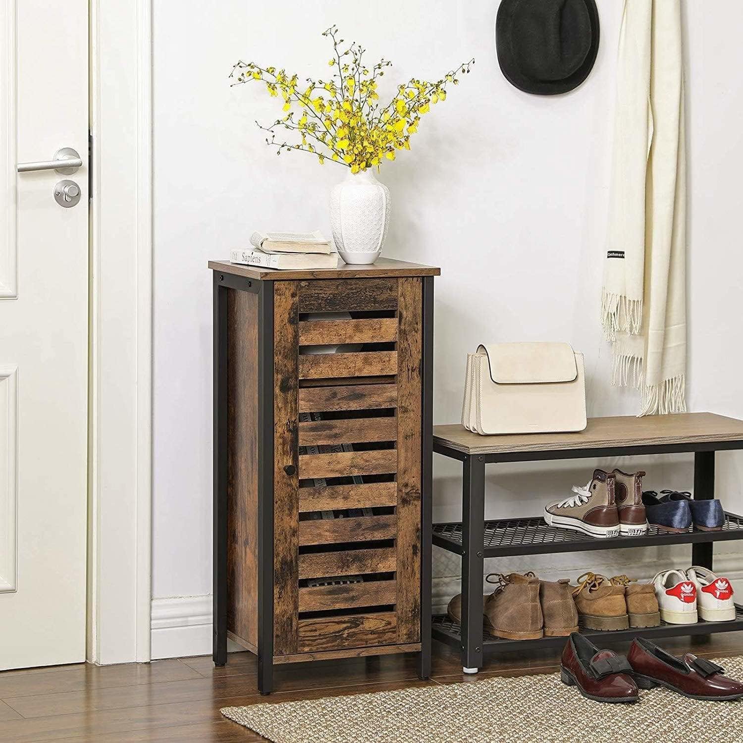 HYGRAD BUILT TO SURVIVE Industrial Style Wood/Steel Nightstand Bedside - End Table with Door Book Shelf Storage Cabinet for Home Bedroom Living Room, Entryway, Rustic Brown