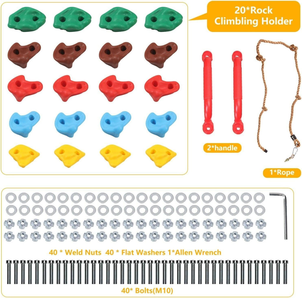 Rock Climbing Holds Set of 20 – Kids Wall Grips for Indoor & Outdoor Playground with Hardware | HYGRAD Built to Survive