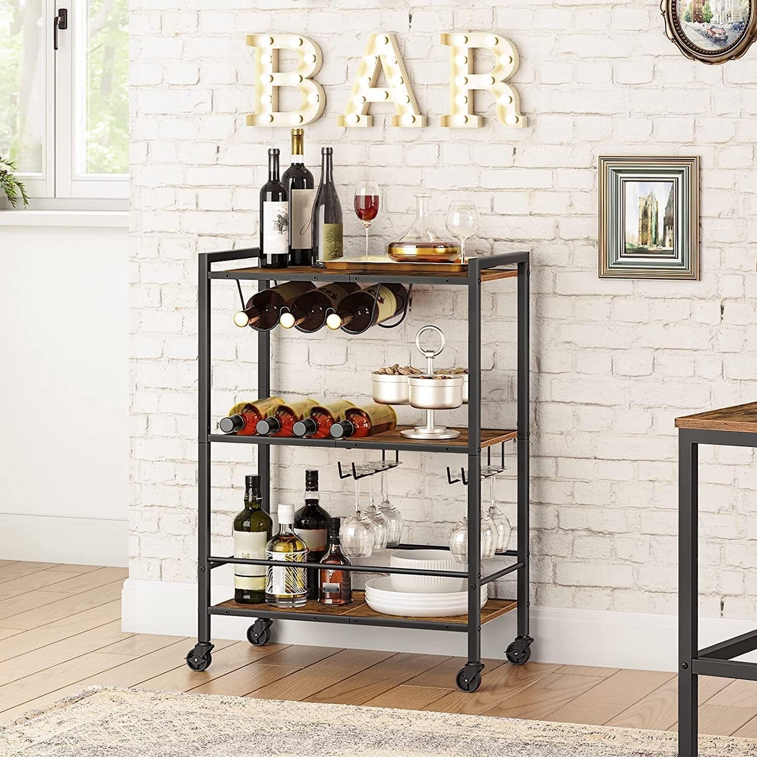 Rolling Industrial Bar Cart with 3 shelves
