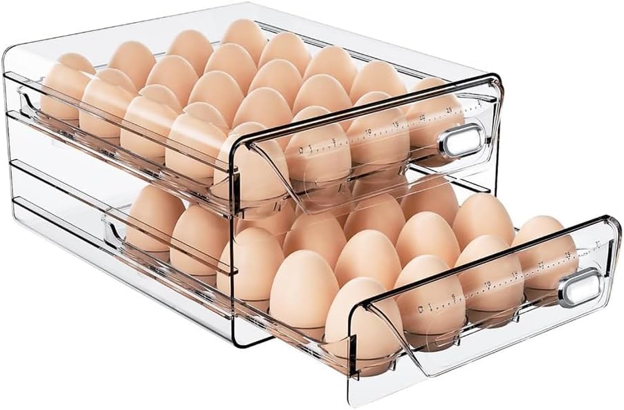 60 Eggs Double Layer Drawer Organizer For Fridge, Large Capacity Stackable Egg Holder PET And PP Material Multi-Function Storage For Countertop