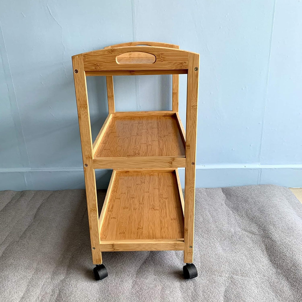 HYGRAD BUILT TO SURVIVE 3 Tier Bamboo Kitchen Storage Rolling Shelf with Wheels, Serving Kitchen Island Bar, Organizer Cart for Home, Dining Room, Laundry Room with Lockable Castors
