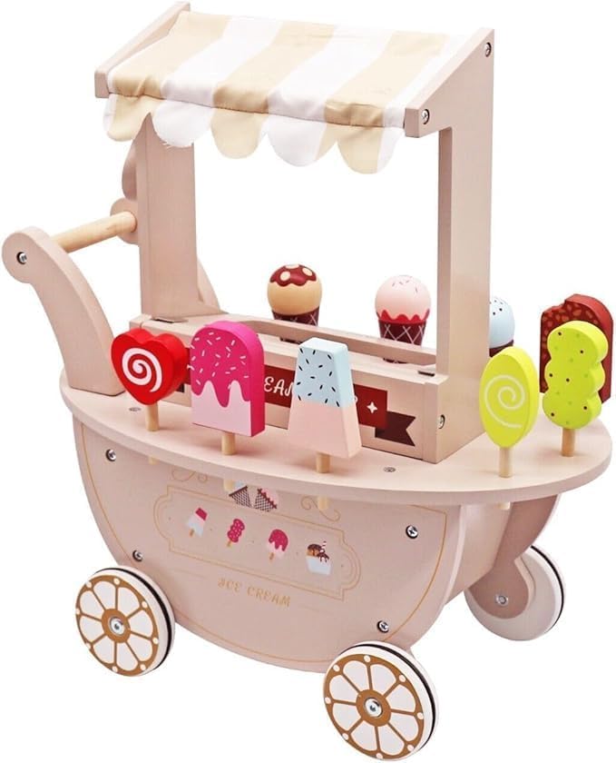 Wooden Ice Cream Cart Toys for Kids, Toddlers Pretend Play Food Truck, Gift for Girls and Boys 3 Years & Up