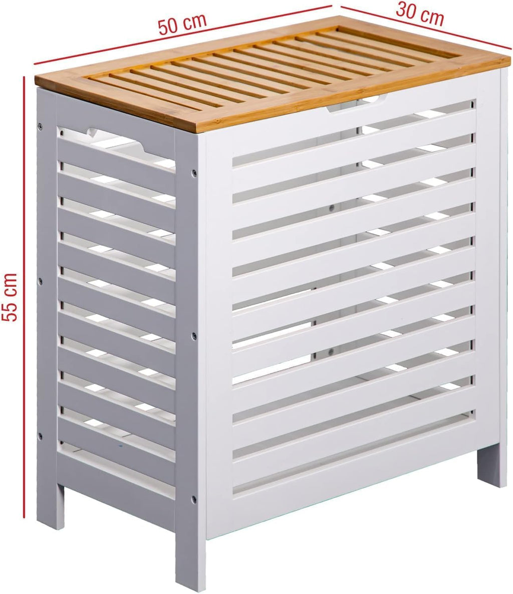 Large Wooden Laundry Clothes Storage Bins, Bamboo Hamper Laundry Sorter Basket Home Organizer With Lid For Bathroom, Bedroom - White