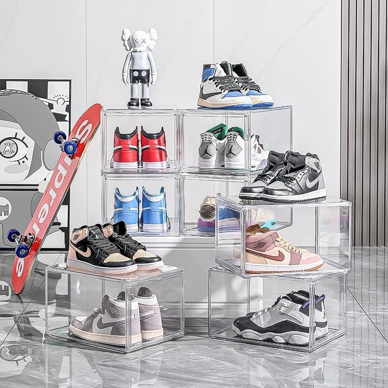 Acrylic Shoe Storage Boxes – Clear Plastic Stackable Shoe Organizer For Closet, Space Saving Shoe bins With Magnetic Doors 2 Lids Open For Sneakers, Trainers, Pumps, Heels, Flats