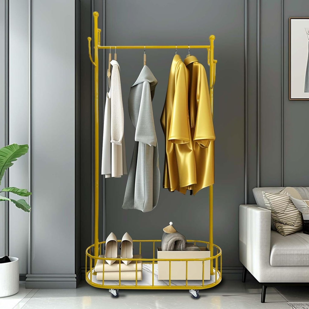 HYGRAD BUILT TO SURVIVE Space Saving Gold Metal Closet Organizer Shelves With Wheels - 67.32”H X 12.80”D X 31.50”W Clothing Rack For Coat, Clothes Hangers With Storage Shelf