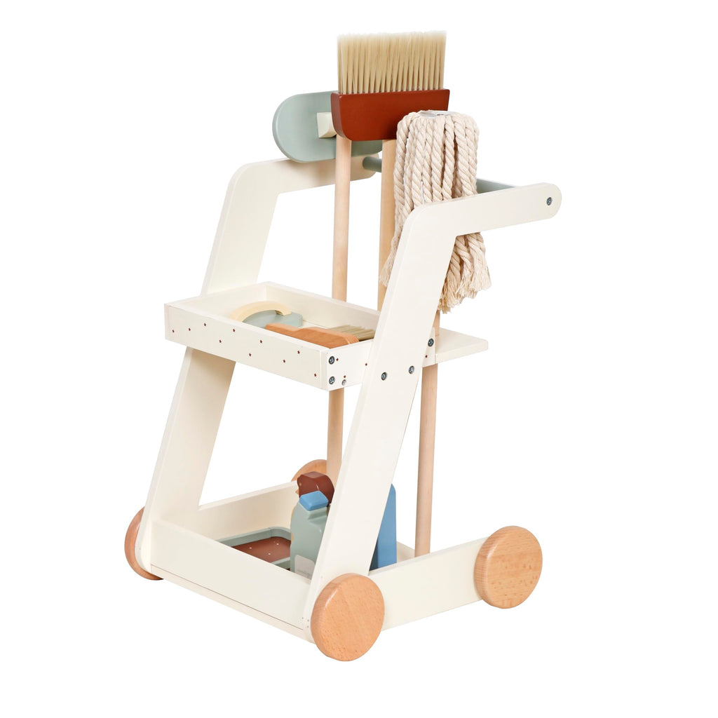 Children's Cleaning Cart Trolley - Kids Wooden Pretend Play Set Toy Cart Kids Role Play Janitor Cleaning Broom Set Household Pretend Play Childrens Toy Gift Ages 3+