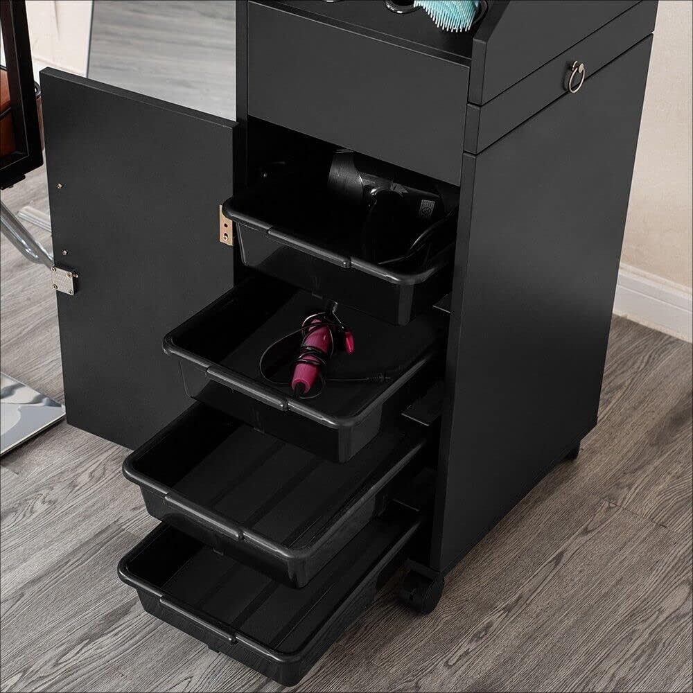 Wooden Salon Trolley Cart 4 Drawer with Lockable Wheels 17”L X 12.3”W X 31.5” H Space Saving Rolling Storage for Hair Dryer Holder, Barber Accessories - Black