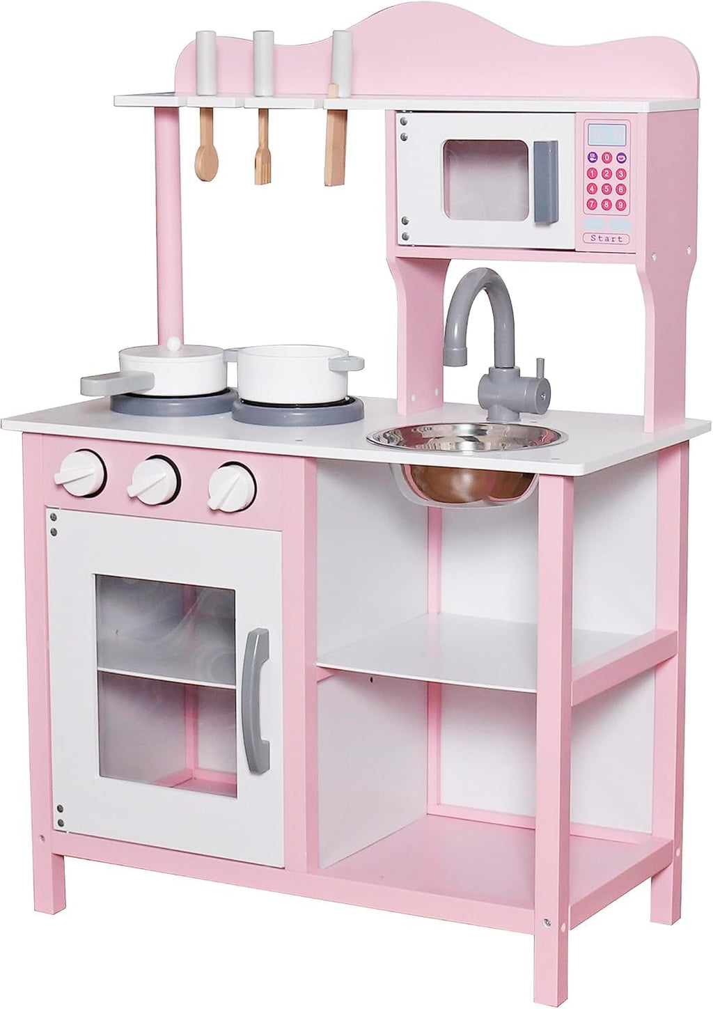 Play Kitchen Toy Kids Playset, Wooden Kitchen Playset Chef Pretend Play Set for Toddlers, Toy Kitchen Toy Food & Astove Oven, Microwave Cookware Accessories, Gift for Ages 3+