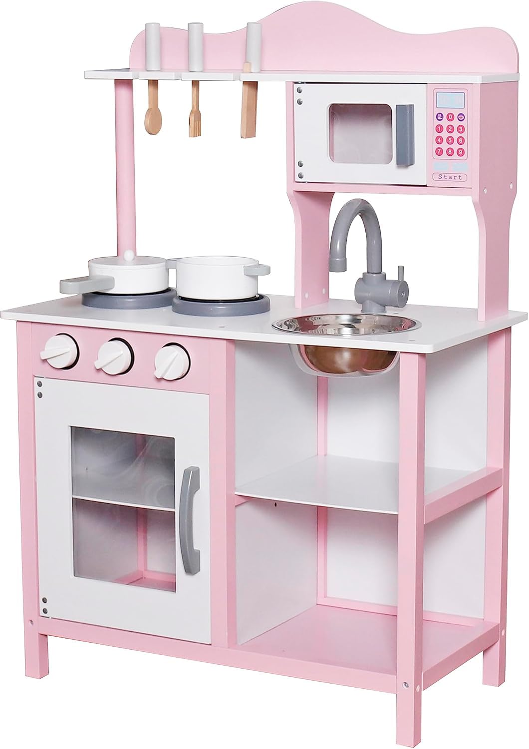 Play Kitchen Toy Kids Playset, Wooden Kitchen Playset Chef Pretend Play Set for Toddlers, Toy Kitchen Toy Food & Astove Oven, Microwave Cookware Accessories, Gift for Ages 3+