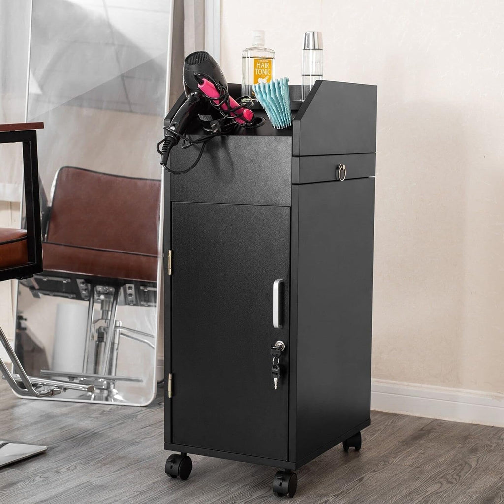 Wooden Salon Trolley Cart 4 Drawer with Lockable Wheels 17”L X 12.3”W X 31.5” H Space Saving Rolling Storage for Hair Dryer Holder, Barber Accessories - Black